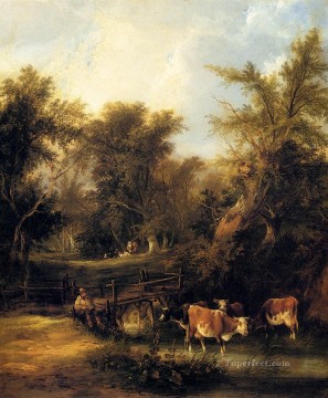 Ganado junto a un arroyo escenas rurales William Shayer Snr Pinturas al óleo